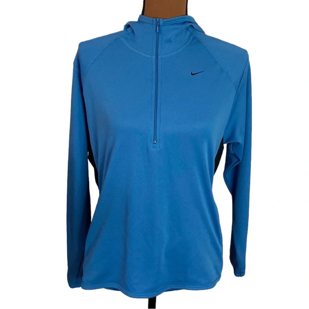 Nike athletic hooded mesh fabric half zip jacket  in storm blue black size M